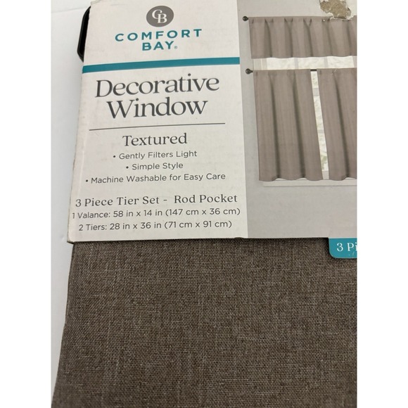 Comfort Bay Textured 3 Piece Tier & Valance Set Taupe Easy Care 100% Polyester - Picture 7 of 7